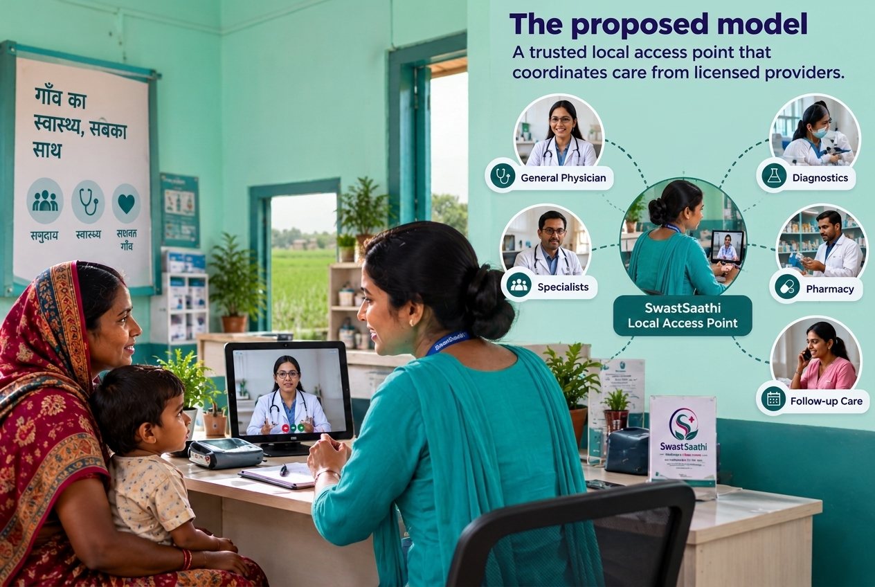 Illustrative photo of the proposed model: a community health worker helps a rural mother and child join a video consultation with a doctor at a local access point, connected to a general physician, specialists, diagnostics, pharmacy and follow-up care