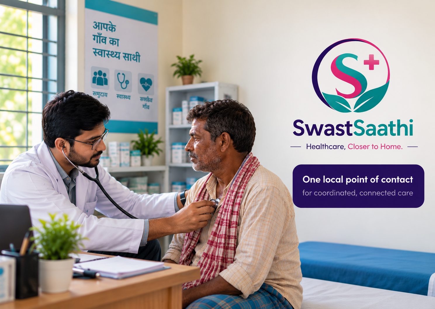 Illustration of a doctor examining a rural patient with a stethoscope at a local SwastSaathi access point, with the message One local point of contact for coordinated, connected care