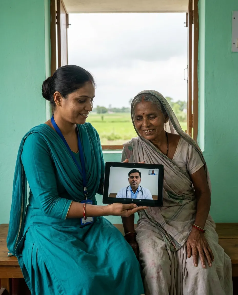 A community health worker shows an elderly rural woman a video consultation with a doctor on a tablet