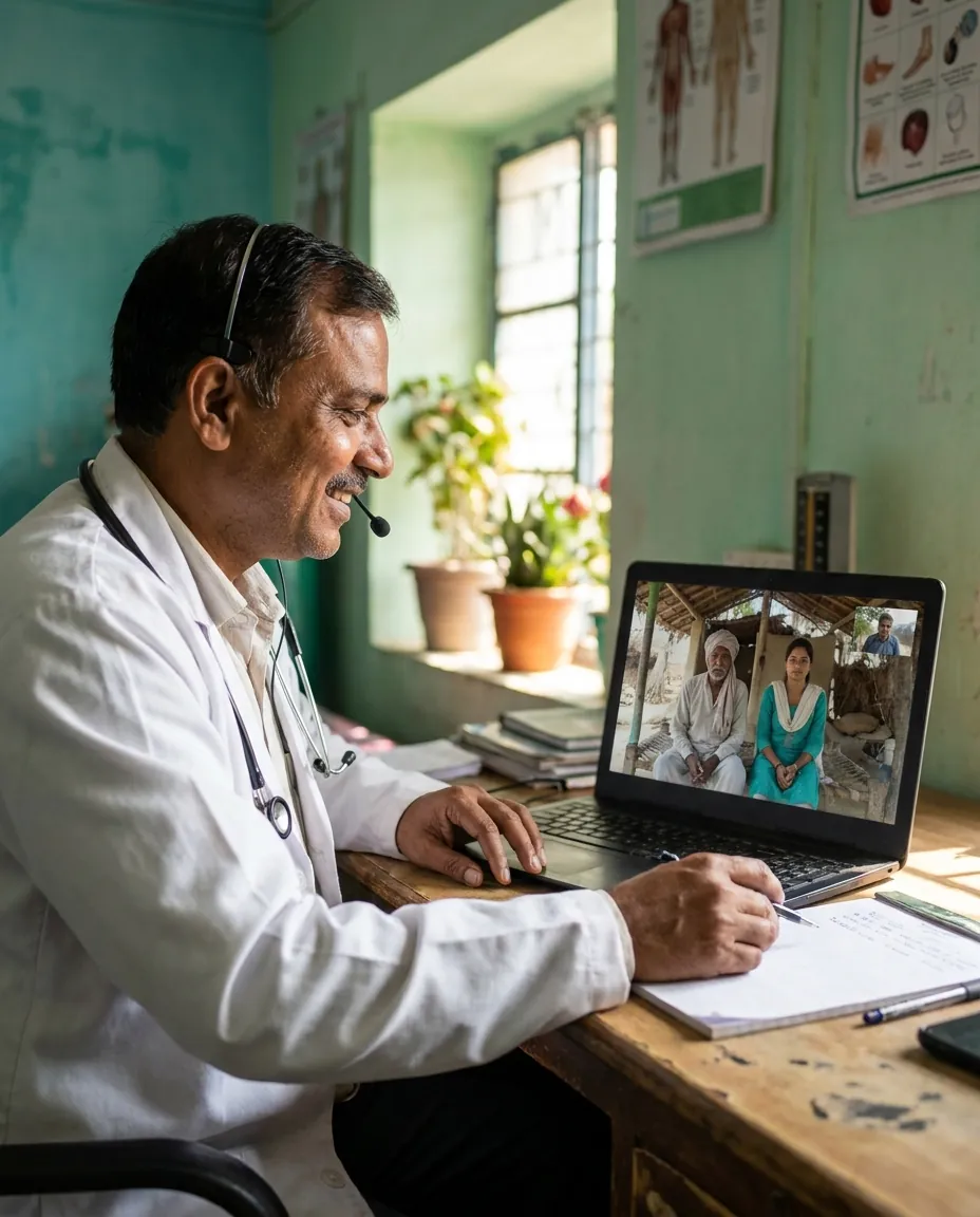 An Indian doctor smiling during a video teleconsultation with a rural patient and a community health worker